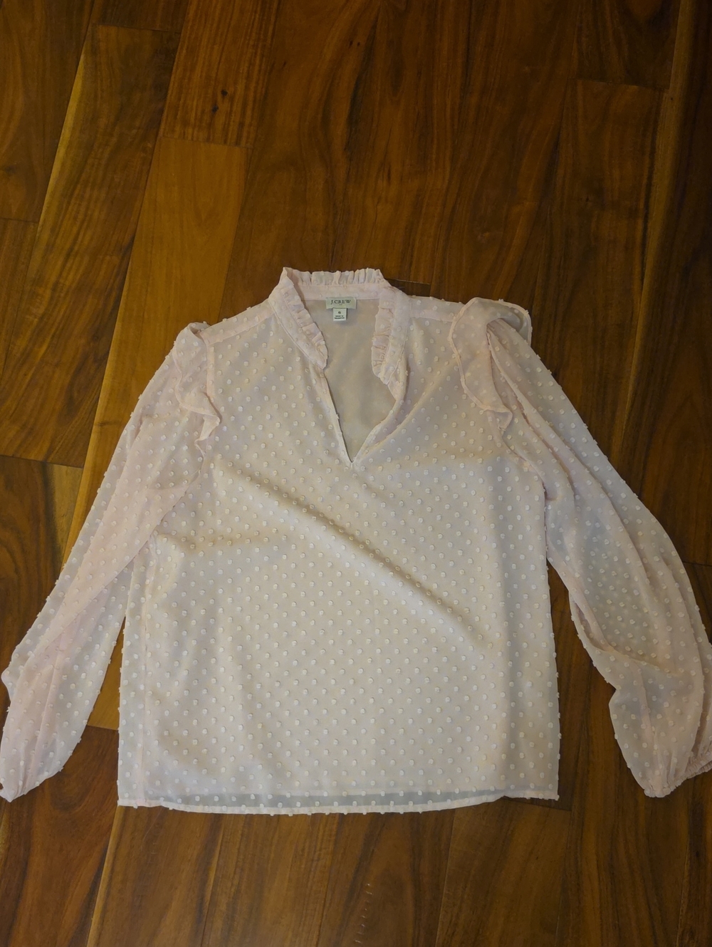 J. Crew Light Pink Swiss Dot Ruffle V-Neck Blouse